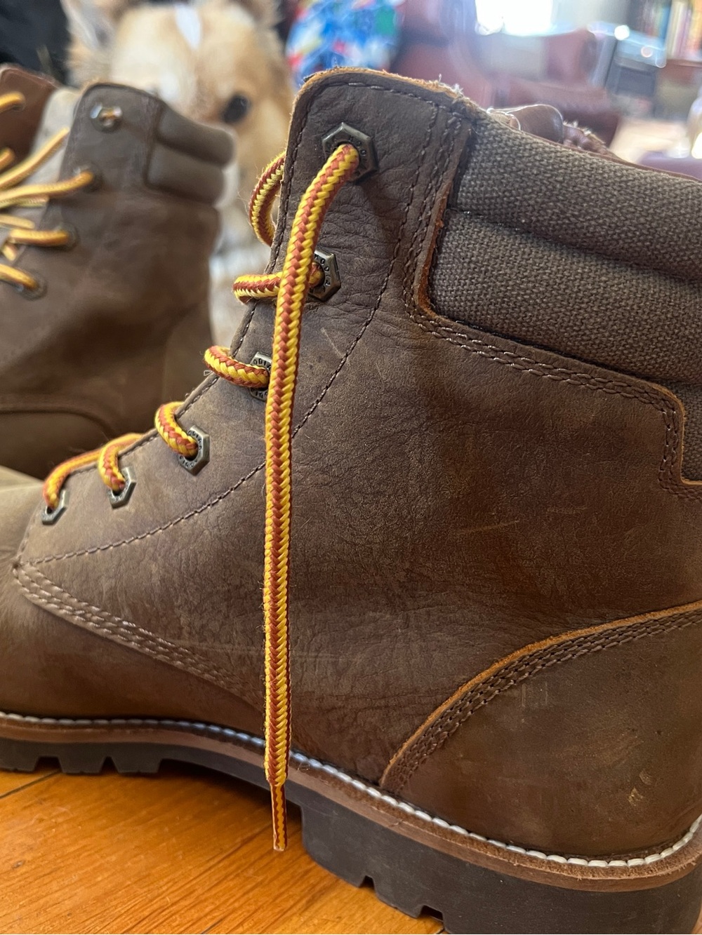 Men's Kodiak Brown Leather Work Boots with Yellow Contrast Laces - Picture 9 of 10